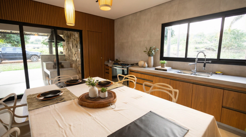 Cozinha de fazenda com MDF Louro Freijó, Portas Roma Bronze e bancada clara sob luz natural e pendentes