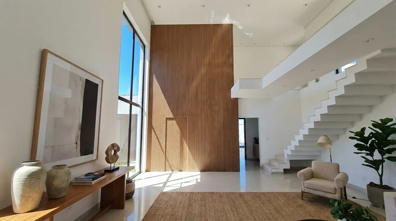 Living com painel ripado piso-teto em MDF Louro Freijó, pé-direito alto, janelas amplas e escada branca.