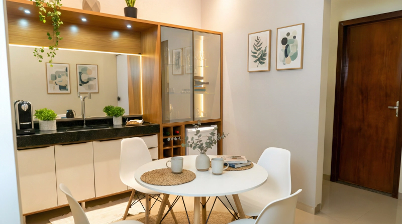 Copa comercial em Louro Freijó com bancada de pedra preta, vidro Reflecta Bronze e iluminação em spots e retroiluminação.