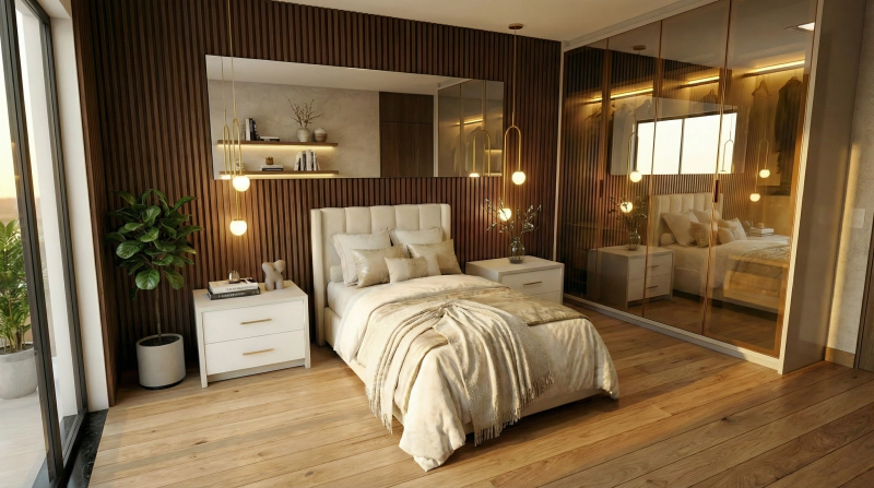 Quarto de solteiro clean com painel ripado amadeirado, criados claros e armário espelhado bronze com pendentes