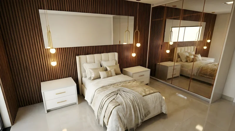 Quarto de solteiro clean com painel ripado amadeirado, criados claros e armário espelhado bronze com pendentes