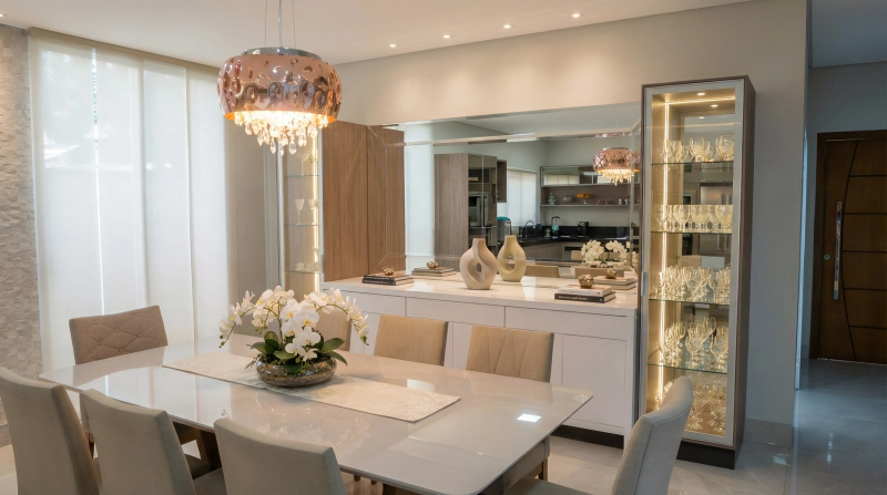 Aparador Branco Diamante com detalhes Chocolat Intense e cristaleira em vidro Latte, com portas Open Touch.