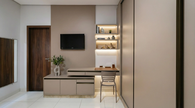 Quarto de adolescente em MDF Pinole, com guarda-roupa de portas deslizantes em alumínio bronze e bancada integrada