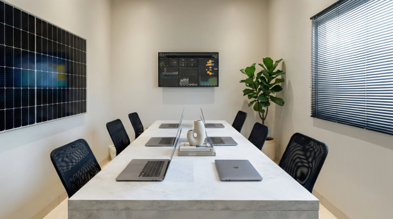 Sala de reuniões com mesa em MDF Pietra Santa, cadeiras pretas, persiana escura e tela na parede.