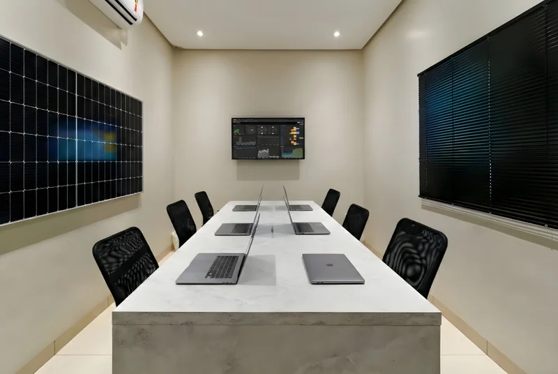 Sala de reuniões com mesa em MDF Pietra Santa, cadeiras pretas, persiana escura e tela na parede.