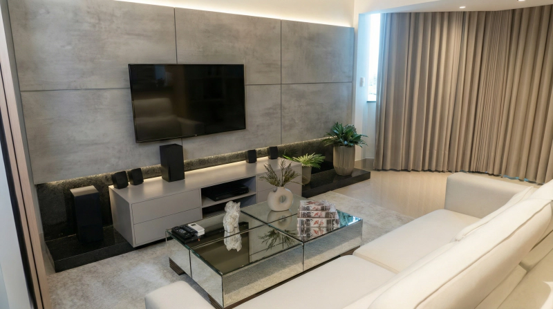 Sala de TV com painel em MDF Santorini, base Preto Málaga e faixa em Espelho Cristal, com TV e cortinas claras.