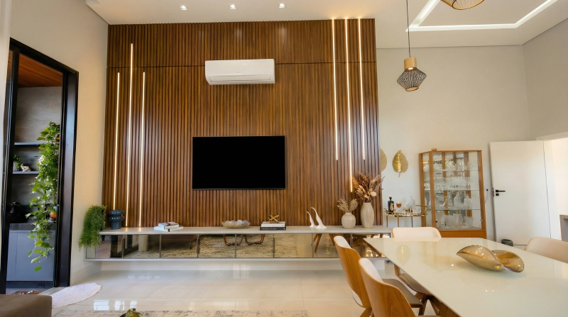 Home theater com painel ripado em Louro Freijó, base Branco Diamante, LED embutido e espelho bronze.