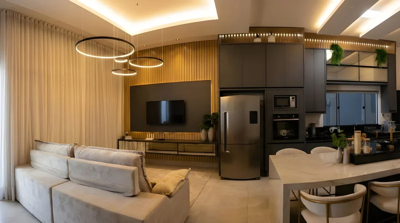 Cozinha integrada com sala de TV, armários Cinza Cobalt e Atena, bancada Branco Ártico e detalhes em Espelho Bronze.