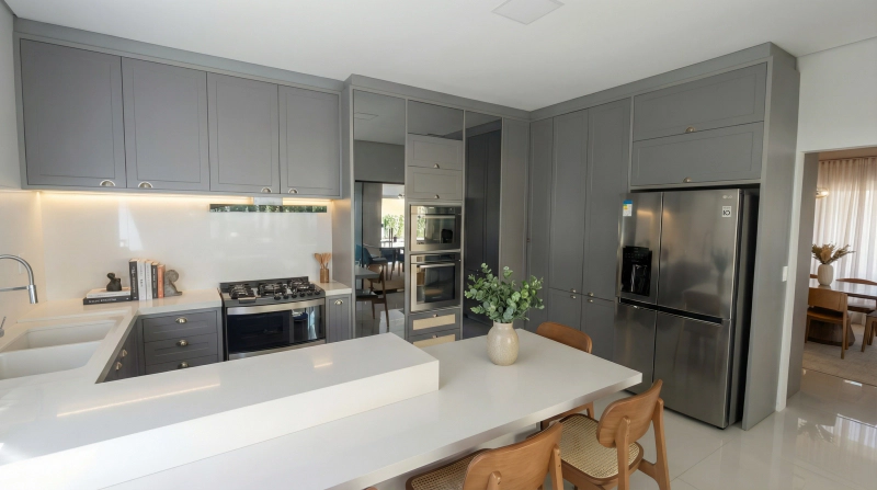 Cozinha gourmet com armários cinza Alpina Satin, portas provençais, bancada Silestone Branco Diamante e vidro Rflecta Cristal.