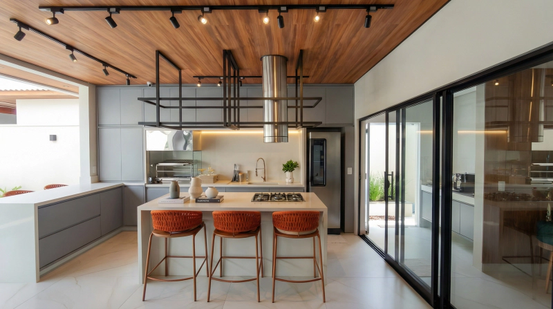 Varanda gourmet com ilha em pedra Bege Ártico, armários em MDF Gouthier Mesh e portas Roma com Alumínio Bronze.