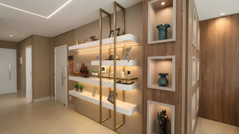 Estante gourmet planejada em MDF branco e amadeirado, com prateleiras iluminadas por LED difuso e estrutura dourada.