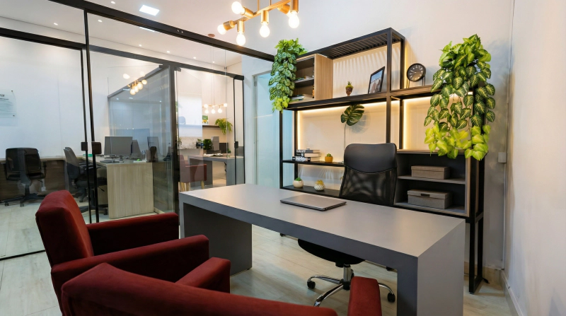 Escritório planejado com mesa clean, estante metálica preto fosco e prateleiras com LED, em MDF Cizna Cobalt e Ciliégio Ferrara.