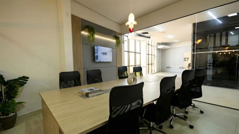 Sala de Reuniões com mesa em MDF Ciliegio Ferrara, painéis Cinza Cobalt e LED embutido na prateleira