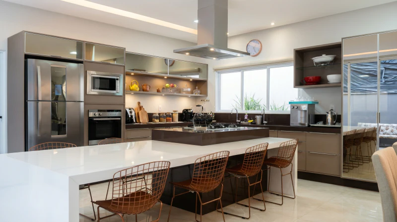 Cozinha planejada em MDF Capuccino com ilha em Branco Diamante, portas com Espelho Bronze e iluminação LED Spot.